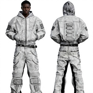 Ensemble de survêtement unisexe en denim délavé foncé, veste boutonnée pleine longueur, coupe classique, style streetwear décontracté, 100 % coton, poids moyen, respirant - Product Image 1