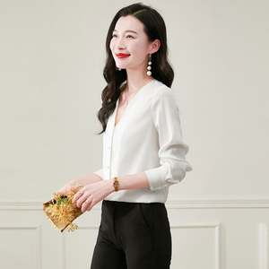 Camisa de manga larga de seda elegante e intelectual de varios botones de una sola fila con cuello cuadrado de Color sólido de primavera para damas de oficina - Product Image 1