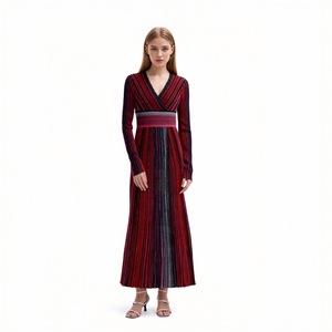 Women's Striped Sparkle Knit Dress, Custom <b>Red</b> V Neck Long Sleeve Bodycon Maxi Dress Sweater, Wholesale Evening Sweater - Product Image 2
