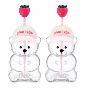 Bicchiere da 20oz a forma di orsetto rosa con fragole, trasparente, con coperchio in silicone e cannuccia, ideale per le feste - Product Image 1
