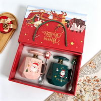 Mug de Noël mignon avec couvercle et cuillère, tendance, en céramique, motif élan, idéal comme souvenir