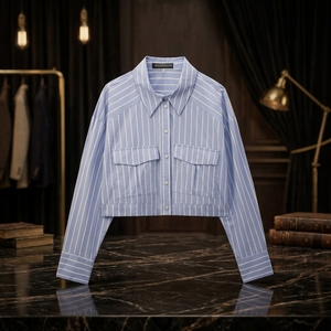 <span class=keywords><strong>Camicia</strong></span> Corta da <span class=keywords><strong>Donna</strong></span> a Righe Verticali con <span class=keywords><strong>Colletto</strong></span> a Punta, Tasche Applicate, Maniche Lunghe, Stile Casual e Streetwear, OEM all'Ingrosso - Product Image 1