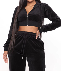 Ensemble de survêtement décontracté pour femme en coton 100% de haute qualité, avec sweat à capuche court à manches longues et fermeture éclair intégrale et pantalon de jogging, 2 pièces en molleton - Product Image 3