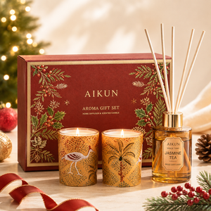 Aikun Vanilla Agarwood Amber Glass Botanical Printed 2 Jar Scented <b>Candle</b> And Reed Diffuser <b>Gift</b> <b>Set</b> for Christmas Gifting - Product Image 4