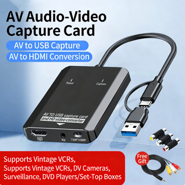 AV Audio-Video Capture Card, 2-in-1 AV to USB/HDMI Converter, Compatible with 85 Inch Smart TV, Home Theater Systems,Television