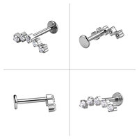 Piercing Labret en Titane ASTM F136 16G à Filetage Interne avec 5 Zircons Cubiques Ronds pour Hélix, Conch, Cartilage, Tragus, à Dos Plat