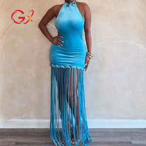 GX1505 <span class=keywords><strong>Abito</strong></span> Lungo di Lusso in Velluto con Schiena Scoperta e Frange, Senza Maniche, Halter, per Feste ed Eventi Serali - Product Image 1