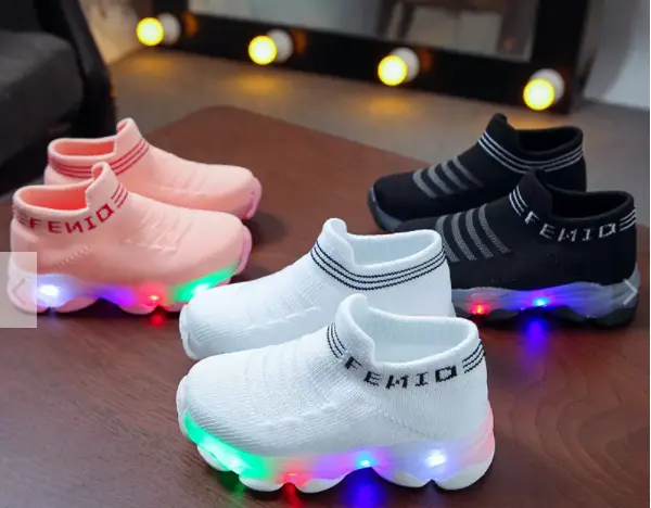 Kids Sneakers Children Baby Girls Boys Letter Mesh Led Luminous Socks Sport Run Sneakers Shoes Infantil Light Up Shoes