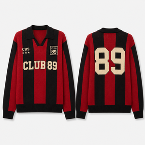 Pull en tricot rayé 100 % coton personnalisé pour homme avec logo frontal, nom et numéro d'équipe personnalisés, style maillot de football à col en V - Product Image 3