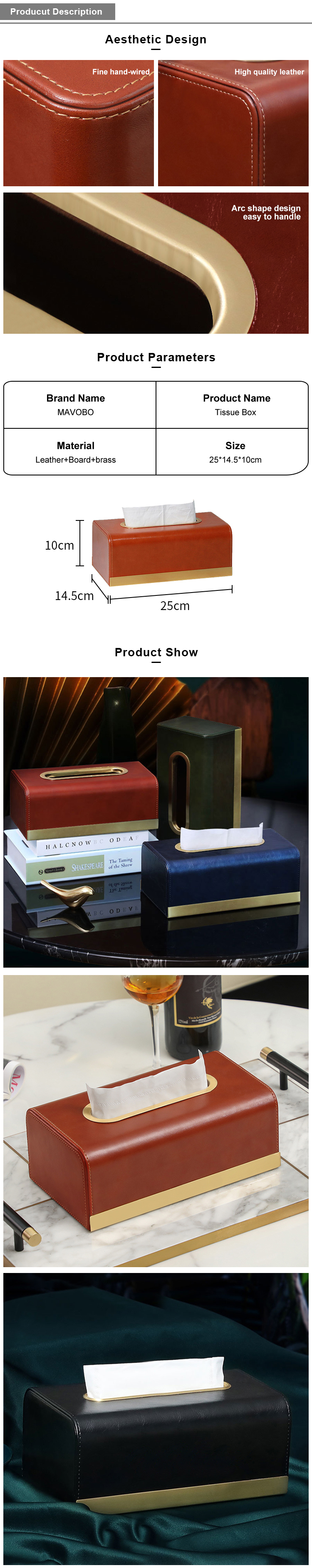 MAVOBO Light Luxury Retro style Decor Hotel Restaurant Metal Tissue Napkin Box Cover Holder with Brass Buckle Leather Tissue Box