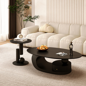 Modern Cream Wind Living Room Tea <strong>Table</strong> Combination Oval Coffee <strong>Table</strong> and <strong>Side</strong> <strong>Table</strong> <strong>Set</strong> with Marble Top and Metal Frame - Product Image 2