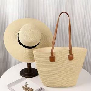 Sac fourre-tout d'été grande capacité pour femme avec fermeture éclair et ensemble chapeau de paille de plage Panama pour l'été - Product Image 1