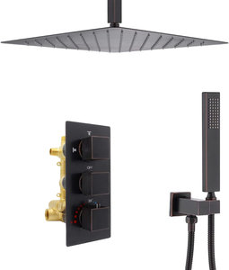 Moderno Grifo Termostático Negro Mate para Ducha, con Cabezal de Ducha de Lluvia de Techo y Rociador de Mano, Válvula Mezcladora Oculta de 3 Funciones - Product Image 1