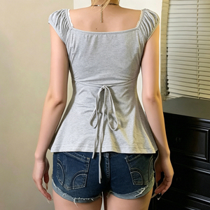 Haut en dentelle douce effet deux pièces pour femme – Blouse décontractée évasée à ourlet trapèze et blocs de couleur - Product Image 5