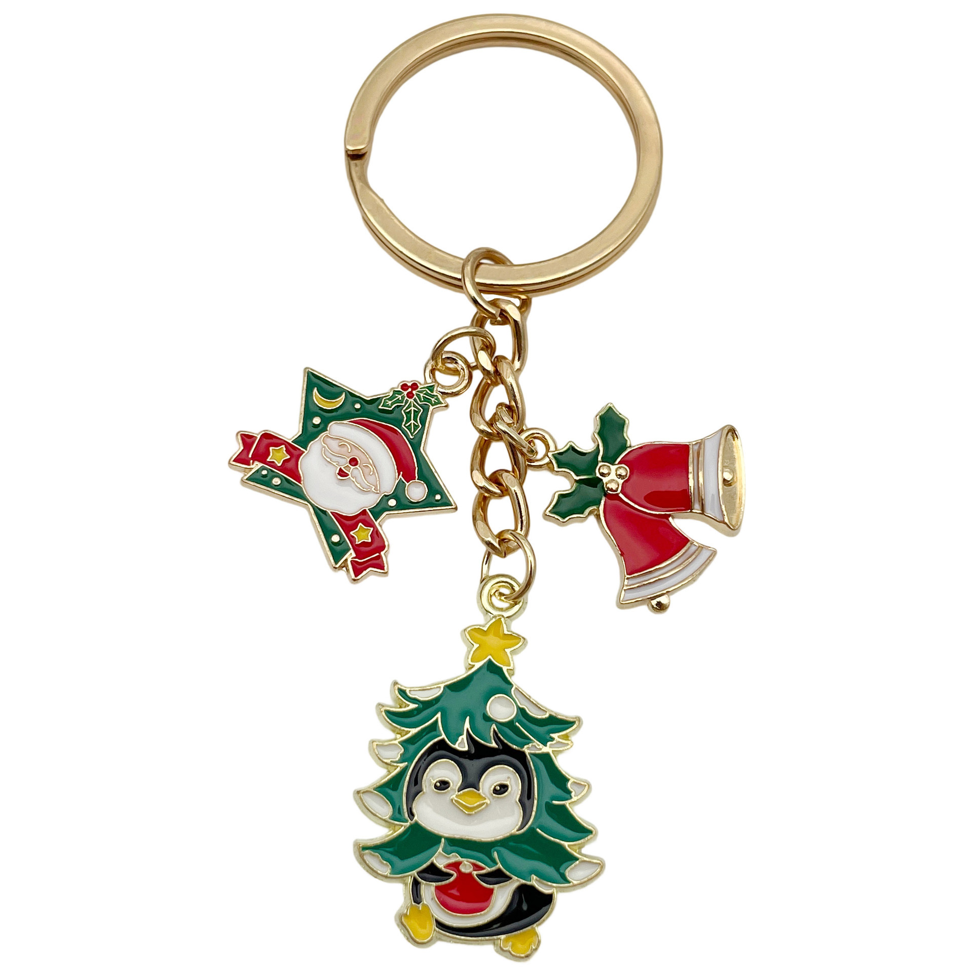 Porte-clés : sapin de Noël vert, pingouin, cloche