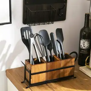 NISEVEN Organizer alat makan, tempat alat makan dapur dapat dilepas dengan tiga kompartemen pemegang peralatan kayu dengan pegangan