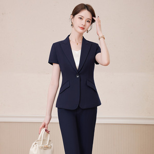 Women's Summer Short Sleeve Blazer Suit Set Breathable Worsted Office Lady Formal Work Clothes Plus Size Blue Dark Gray - Product Image 1