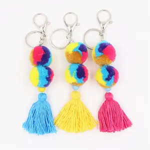 Boho Handmade Colorful Pom Pom Tassel Knotted Keychain Summer Beach Bag Charm Key Chain Key Ring