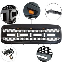 F250 1999-2004 Grille de pare-chocs avant en ABS noir Style Raptor avec lettres et lumières LED Grille de calandre en nid d'abeille pour Ford