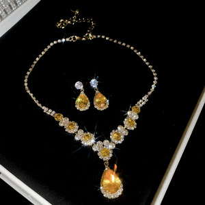 Ensemble de bijoux pour femmes pour dîner de gala, collier et boucles d'oreilles en zircon jaune en forme de goutte d'eau, de haute qualité - Product Image 4