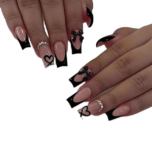 Kit de 24 faux ongles à presser en ABS <span class=keywords><strong>noir</strong></span> moyen <span class=keywords><strong>avec</strong></span> bordure, décoration 3D nœud papillon et <span class=keywords><strong>strass</strong></span> pour les doigts - Product Image 1