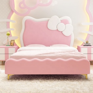 Katze Kopfteil Kinder betten Möbel Queen-Size-Einzel holzbett Hallo <span class=keywords><strong>Kitty</strong></span> Rahmen bett für Mädchen Rosa Leder - Product Image 1