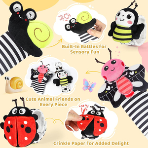 V432 Set di Sonagli <span class=keywords><strong>da</strong></span> Polso e Calzini con Animali Carini, Giocattoli per Neonati 0-12 Mesi in Bianco e Nero ad Alto Contrasto - Product Image 2