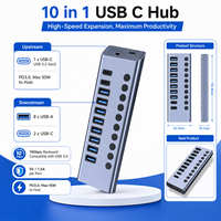 Hub USB C 10 Port 3.2 Gen2, Pengisian Daya PD 95W, Transfer Data 10Gbps, 2x Type C + 8x USB A, Sakelar Individual, Aluminium, CM064M2