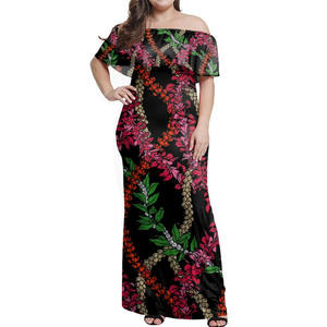 Hawaii Combo Off Shoulder Vestido largo y camisa Flores Lei Design Vestidos de <span class=keywords><strong>mujer</strong></span> con hombres Camisas hawaianas Venta al por mayor 2 Set <span class=keywords><strong>Ropa</strong></span> - Product Image 2