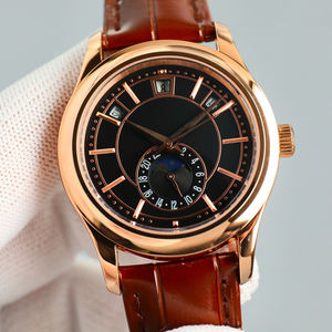 Montre-bracelet mécanique élégante en or rose avec affichage du calendrier annuel et des phases lunaires, cadran noir, montre de luxe pour homme, style business décontracté - Product Image 1