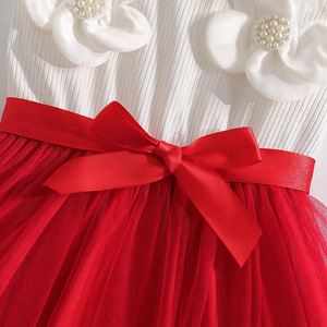 Robe de soirée élégante pour fillettes, rouge en tulle, style preppy, à manches longues, avec motifs floraux blancs, tenue d'anniversaire pour tout-petits, avec nœud à la taille, spéciale - Product Image 4
