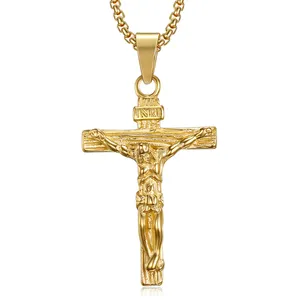 Venta al por mayor chapado en oro de acero inoxidable Jesús Cristo crucifijo Cruz colgante religioso collar