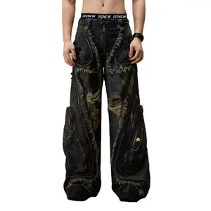 DIZNEW Custom 2024 Y2K heavy ripped jeans fringe design baggy jeans cargo pants with pockets for men and women