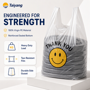 ถุงพลาสติกใสแบบเสื้อยืด HDPE ยี่ห้อ Taiyang แบบใช้แล้วทิ้ง พิมพ์ลายหน้ายิ้ม สำหรับใส่สินค้า - Product Image 2