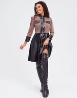 Damen Schwarz und Kaffee Leder Patchwork Kleid Stehkragen Front Reiß verschluss Utility Pocket Flared Midi Kleid für Party Cocktail