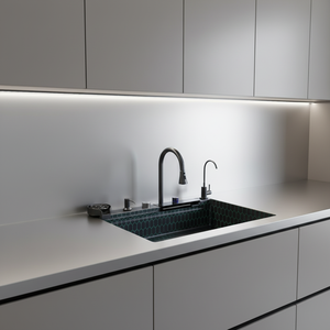 Nouvel évier de cuisine intelligent à cuve unique carrée, en acier inoxydable brossé, à montage sous plan, avec robinet cascade à touches de piano et rinçage en verre - Product Image 4