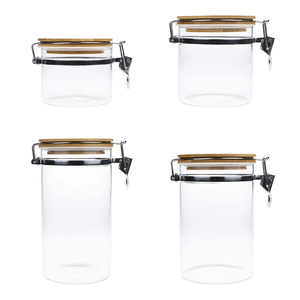 Conteneurs en verre Reihey Bocaux de cuisine mignons Bocaux de stockage en verre hermétique Stockage hermétique des aliments avec couvercles en bambou pour pots à épices à biscuits - Product Image 1