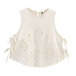 Camiseta sin mangas casual de verano para mujer, color beige, con bordado, encaje lateral, cuello redondo, transpirable, tejido de poliéster/algodón, color liso. - Product Image 1
