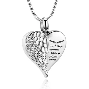 NUORO Stainless Steel Silver Plated Angel Wings Cremation Urn Commemorate Pet Love Heart Ashes Pendant Necklace