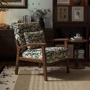 كرسي بذراعين خشبي بتصميم زهور نورديك، كرسي استرخاء مخملي بنقشة زهور تجريدية، إطار من خشب الجوز، أريكة فردية بتصميم منتصف القرن - Product Image 4