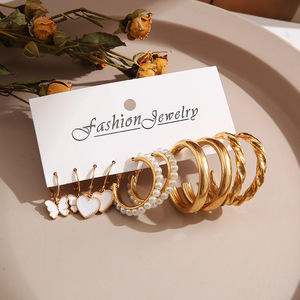 Best-selling Wholesale Jewelry Pearl Love <strong>Earrings</strong> Butterfly Ears Buckle Five Sets Of <strong>Earrings</strong> - Product Image 4