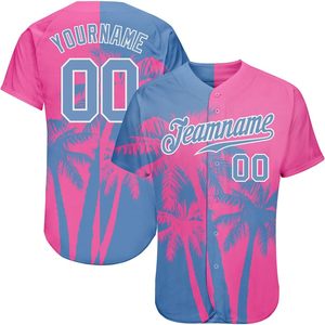 Custom Baseball Jersey Pink Blue Palm Tree Print Personalized Unisex Breathable Sublimated Short Sleeve Sports Jersey - Product Image 1