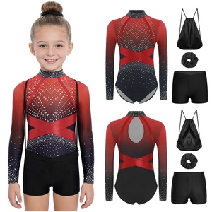 Ensemble justaucorps pour filles, motif ombré, manches longues, col montant, dos découpé, strass, pour entraînement de gymnastique, personnalisable - Product Image 5