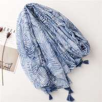 Style ethnique bleu blanc motif géométrique écharpes en coton pour dames musulmanes écharpe en voile de coton châle de plage écharpe Hijab avec pompon