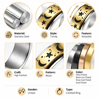 Bague rotative unisexe en acier inoxydable plaqué or rose, motif étoile et lune lumineux, 6 couleurs, 8 tailles, bijou de mode, cadeau, vente en gros