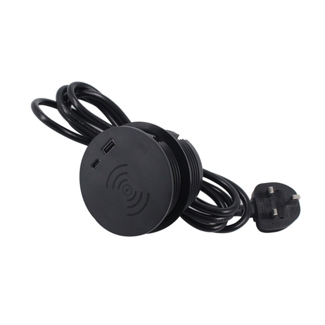 Black 80mm Round Wireless Charging USB Type-C Desktop Recessed Power Socket Office Funiture Table Power Strip