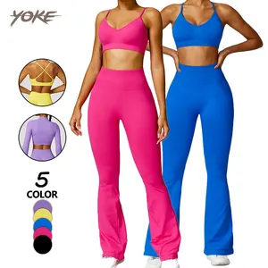 Boyunduruğu dikişsiz Backless yeni stil uzun kollu Flare pantolon rahat popo kaldırma Slim Fit sıkı Yoga kıyafeti spor spor elbise takım