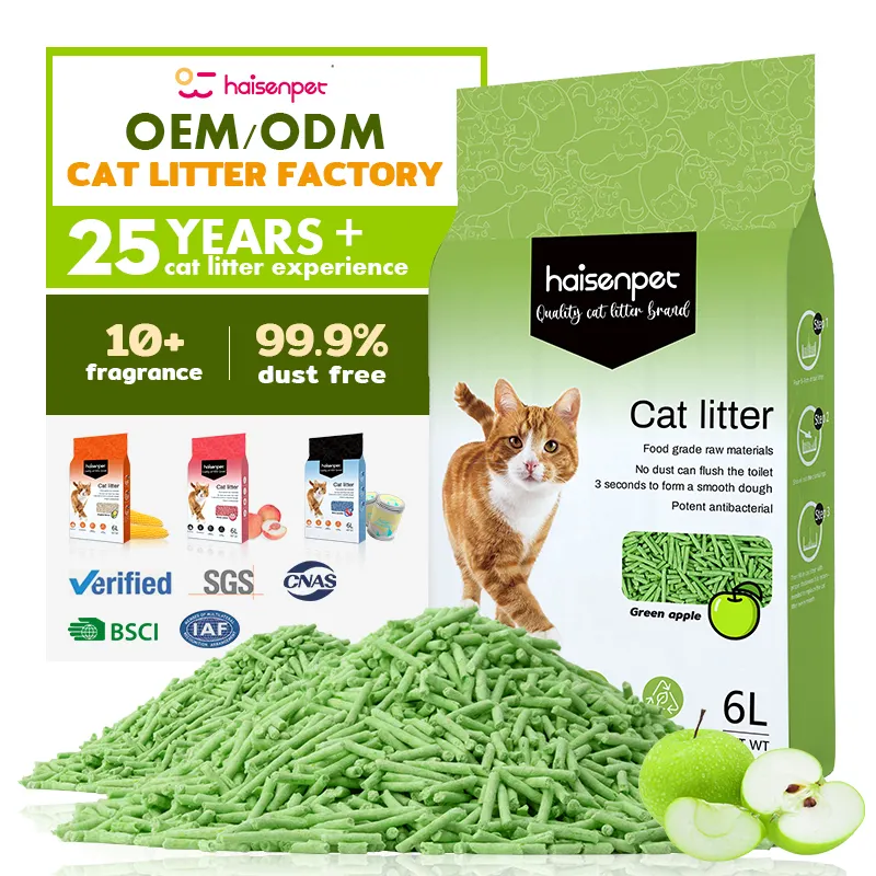 Haisen OEM Pasir kucing 6L 2mm, bentuk garis bebas debu aroma teh banyak rasa tanaman kacang sekam tahu sampah kucing