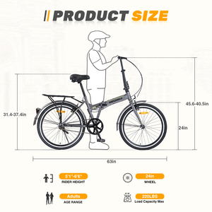 Bicicleta Plegable de 24 Pulgadas para Adultos, Cuadro de Acero, Frenos V Dobles, 220 Libras, con <span class=keywords><strong>Guardabarros</strong></span>, Bicicleta Urbana Compacta y Portátil, en Existencia en EE. UU. - Product Image 6