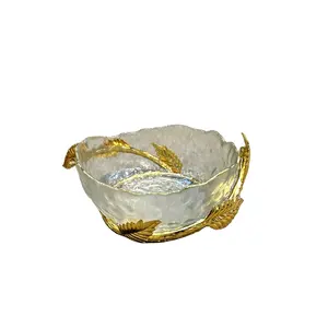Creative flower home gift Arabic style Golden Plated Small Size Glass Plate with Handle Golden Metal Frame Glass Serving Bowl